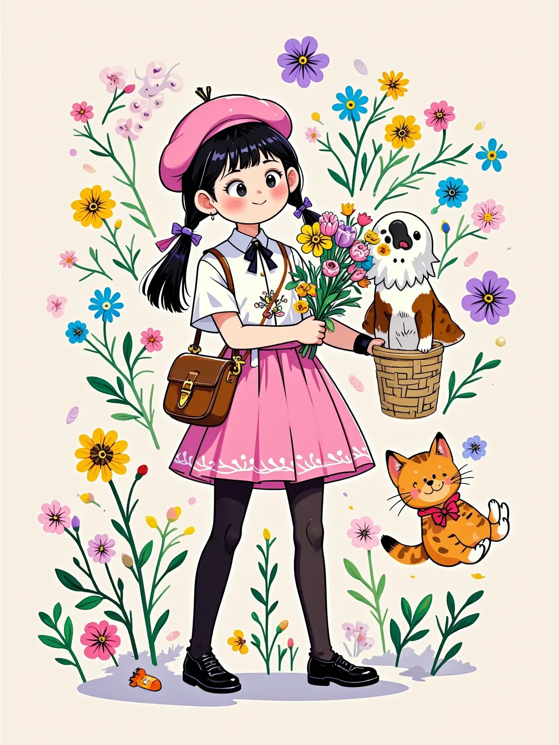  Yeoniu Choi's healing stick figure style，Cartoon illustration, solid background , a beautiful and stylish long-haired girl ,Wearing a beret ,Carrying a canvas bag,Holding a bouquet of flowers in his hand, with a dog ,Minimalism,healing illustration