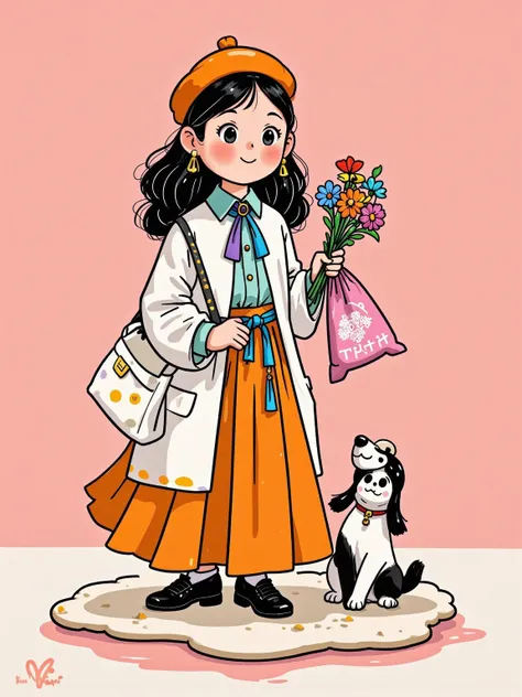  Yeoniu Choi's healing stick figure style，Cartoon illustration, solid background , a beautiful and stylish long-haired girl ,Wearing a beret ,Carrying a canvas bag,Holding a bouquet of flowers in his hand, with a dog ,Minimalism,healing illustration