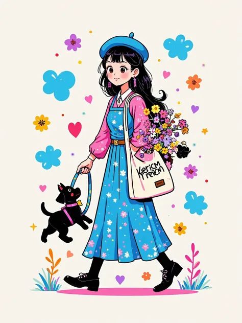  Yeoniu Choi's healing stick figure style ，Cartoon illustration, solid background , a beautiful and stylish long-haired girl ,Wearing a beret ,Carrying a canvas bag,Holding a bouquet of flowers in his hand, with a dog ,Minimalism,healing illustration