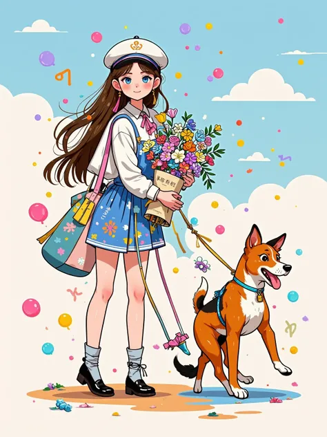  Yeoniu Choi's healing stick figure style ，Cartoon illustration, solid background , a beautiful and stylish long-haired girl ,Wearing a beret ,Carrying a canvas bag,Holding a bouquet of flowers in his hand, with a dog ,Minimalism,healing illustration