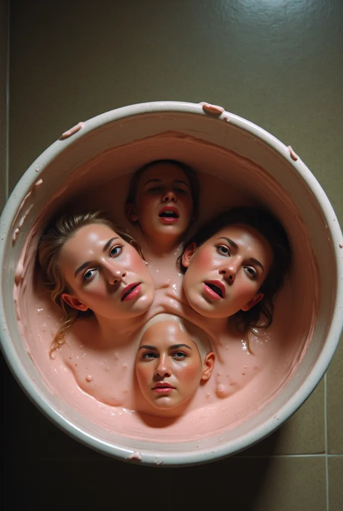 photo of three heads melting into a puddle in a bucket, the heads of two girls and one guy are inside a bucket of goo, three heads of different races and sexes sticking out from a puddle in a bucket, boyfriend and girlfriend are neck deep in a bucket, she ...