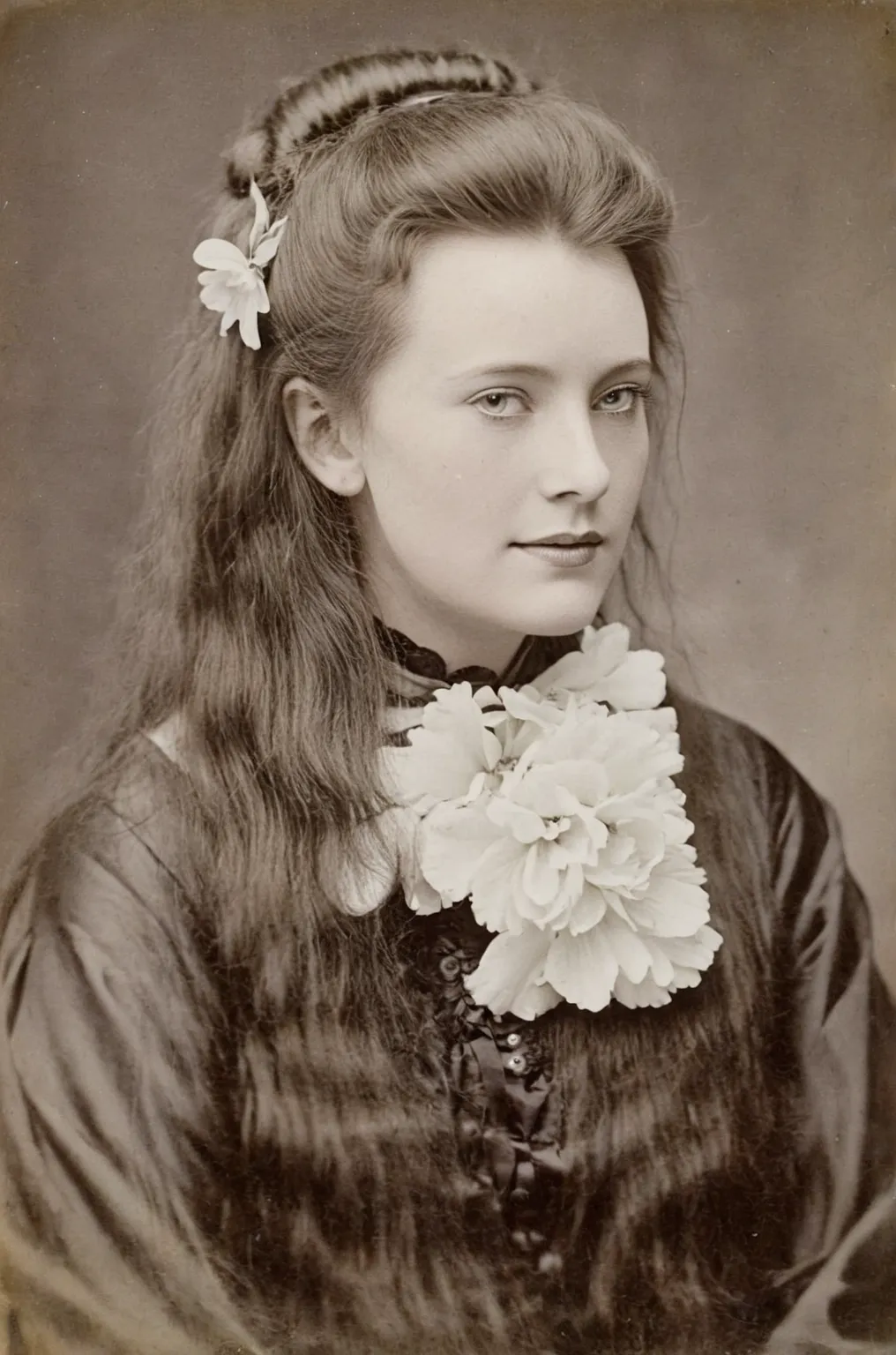 a close up of a woman with a flower in her hair, young victorian sad fancy lady, 1 8 8 0 s photograph, victorian female portrait, victorian photograph, a beautiful victorian woman, 1 9 th century photography, victorian photo, elaborate hair worn up, taken ...