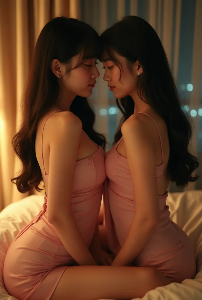 Two Japanese High School Girls    ，twin，  is extremely cute， Hairstyles in different styles，Kneel on the bed of a luxury hotel，  PREMIUM LOW BREASTED BACK EVENING DRESS IN DIFFERENT COLOR STYLES，Show 42 inch long legs  ， Full Body， (real pictures，     Best...