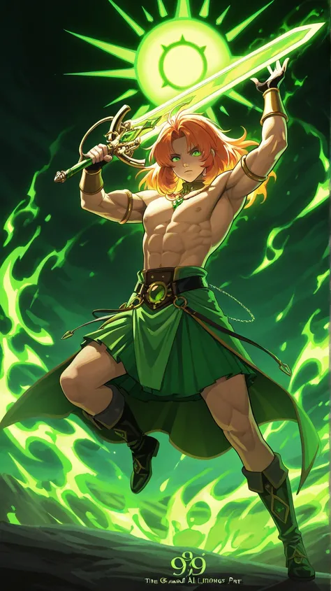 
[character] Ligier, The Green Sun (1man);
handsome (primordial beauty), manifested as s young nobleman (3rd circle demon), with long auburn hair, glowing neon-green eyes, bare-chested, muscular pectorals, and biceps, with a long green kilt. 
[key points] ...