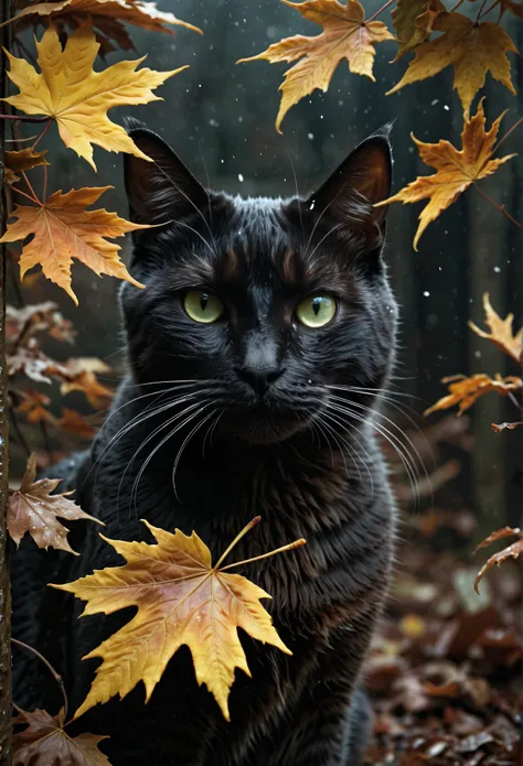 Cat, , flakes, partial snow cover, Film frame,  breathtaking ,  falling leaves ,  melancholic mood ,  paper texture ,  Nature's farewell ,  whispered in rustling gusts of wind ,  photorealism,  film grain, film still, hips, intriCately detailed, ,  perfect...