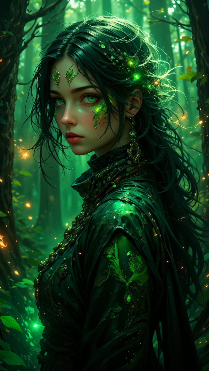  Strictly depicting a mysterious witch in a charming forest house。magic，Faint ， Mysterious Atmosphere 。 Emerald green eyes （ Green eyes accentuated ） Reflecting a mesmerizing glow ，Faint 的髮型，Sea of Stars，Fiery creation 