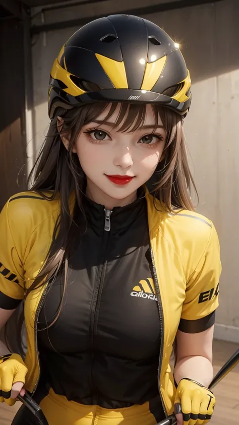 woman , long hair brown, normal, she is solo, from alternative world ,best quality, realistic, cycling full (yellow black) colors suit and cycling sports shorts, she is stand , smile, red lipstick , helmet 