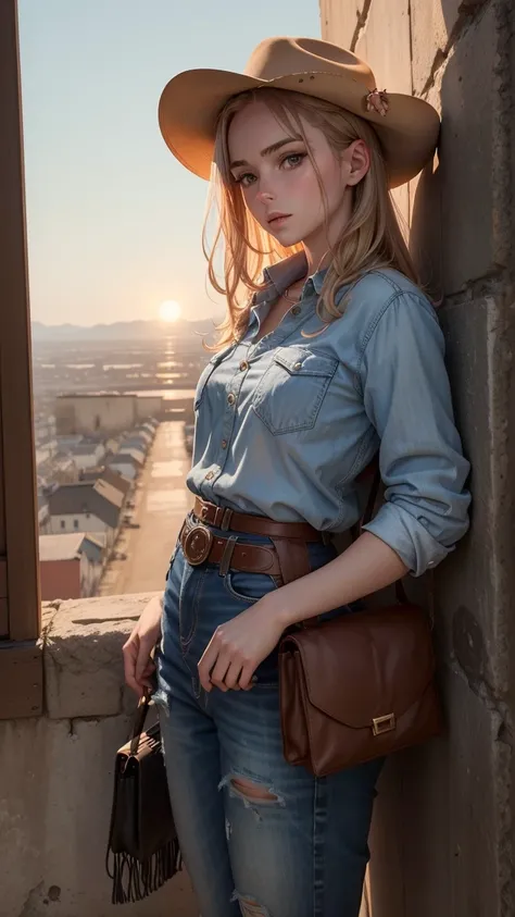 Générez une image représentant une femme rousse aux yeux bleus et aux taches de rousseur dans une esthétique de cow-boy, en utilisant une perspective de prise de vue de cowboy. Détaillez sa tenue avec une chemise à carreaux nouée pour exposer une partie de...