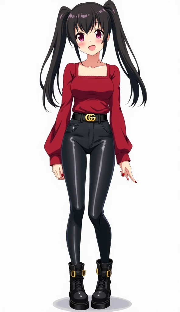 Japanese anime adolescent woman with long straight black hair tied in two pigtails and short locks and intense magenta eyes and red nails and wears a red top with a tight square neckline with long sleeves, combined with shiny black leather pants and a belt...