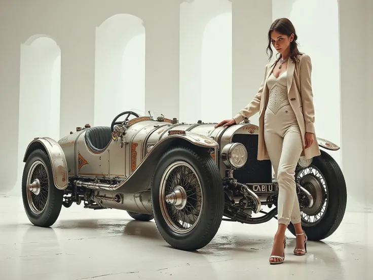 The devil wears Prada, Cartier, Ives St.Laurent, Gucci, Nina ricci, burberrys. She is posing next to 1903 Mercedes-Simplex 60 HP vintage race car. Focus on the car.