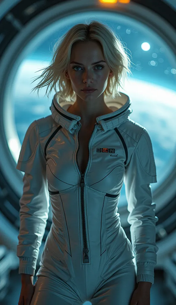 full body shot, wide angle, a beautiful young blond woman with short hair wearing space combat suit, Open zipper exposing the neckline, State of weightlessness inside the ship, zero gravity, levitating inside a spaceship,beautiful starry sky visible throug...