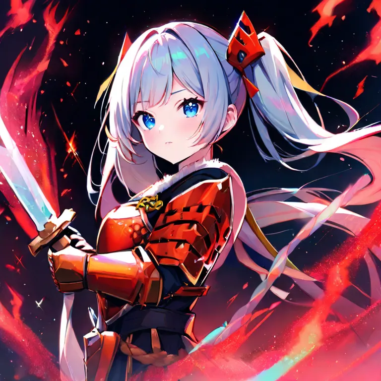  1 girl, solo,  high resolution, Wore red armor、(Gives off a red aura )、 long hair,  twin tails, Hold up the naginata、  blue eyes,  simple background ,  Accessories,  glitter effect, Burning Japanese castles、