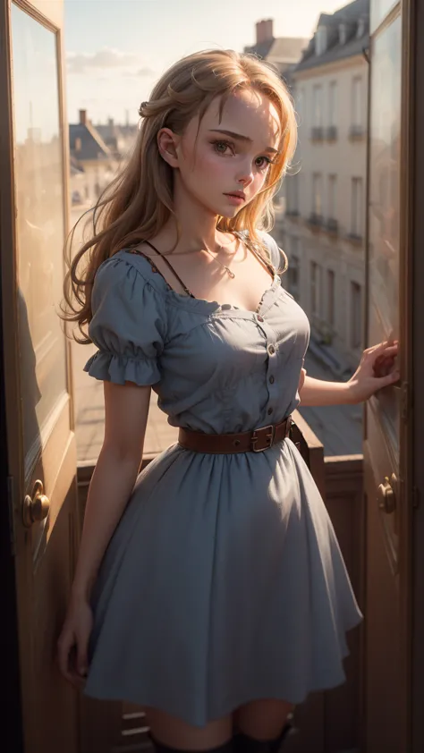 Générez une image représentant une femme rousse aux yeux bleus et aux taches de rousseur dans une esthétique de cow-boy, en utilisant une perspective de prise de vue de cowboy. Détaillez sa tenue avec une chemise à carreaux nouée pour exposer une partie de...