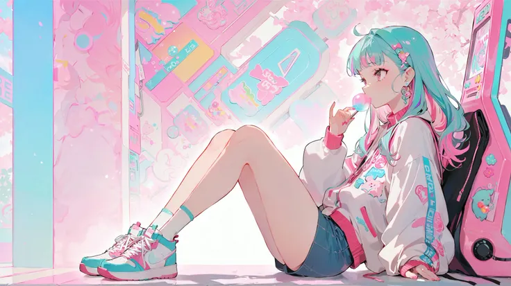  1 girl,  Eat Bubble Gum,   multicolored hair ,   shoulder-length hair  , Retro Outfits ,  sneakers , Sideways glance,  sitting, Hyper Pop, In the arcade,  retro vibe,  OUTLINE ,  masterpiece,  best quality, 