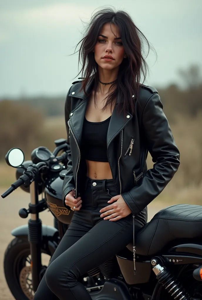 Femme  ,33 ans, STYLE emo, very skinny, fesse tres fine , tres mince , 1m70,  poitrine pulpeuse, cheveux court décoiffer ,vetement leggings débardeur moulant,vu de dos tete en arrière, près d une harley , penché sur moto , photo reel 