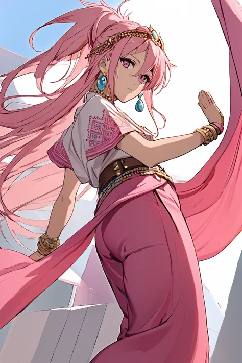 Alone ,  1girl  , jewelry ,  easy attitude , middle pregnancy period  , archebase, pink hair, high ponytail, pink eyes, long hair, earring, hair between eyes, shirt, Dowel dowel pants , Shade , dancer veil, circlet , loose belt

