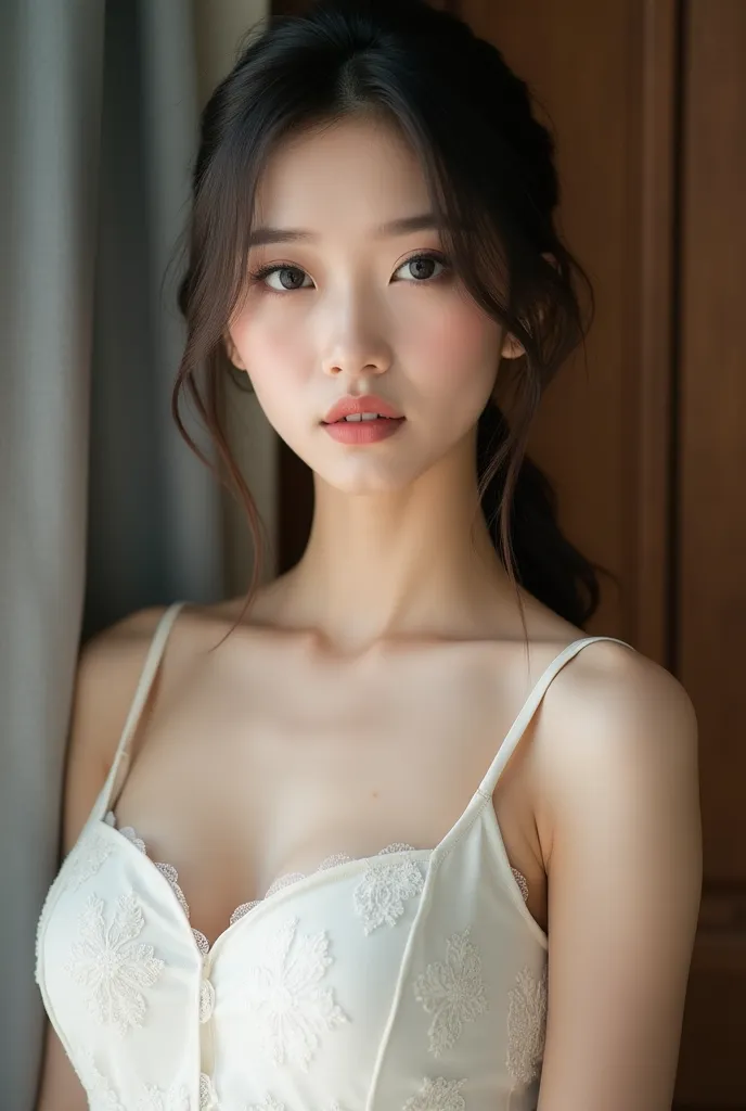 Asian woman pictures,  eyes 2 eyelids ,  has a natural clear makeup layer, taut skin.  that girl is 27 years old, dress luxuriously, sturdy fabric, nonwoven , embossed pattern that accentuates the waist, slit collar shows off fleeting breasts, not too obvi...