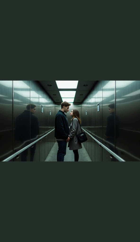 } A mirror photo of the elevator captures a couple of teenagers in a spontaneous moment.  The boy has a mullet haircut , short and wavy ,  and wears an oversized sweatshirt with loose jeans .  The girl has long brown hair and wears a large coat with a shou...