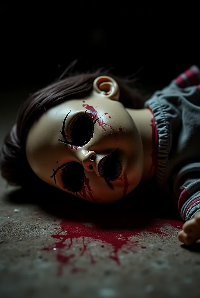 "A close-up of the charred doll’s face, now lying on the floor in complete darkness except for faint red streaks of blood flowing from its empty eye sockets. The doll’s cracked features look even more sinister, with the blood dripping down onto the dusty f...