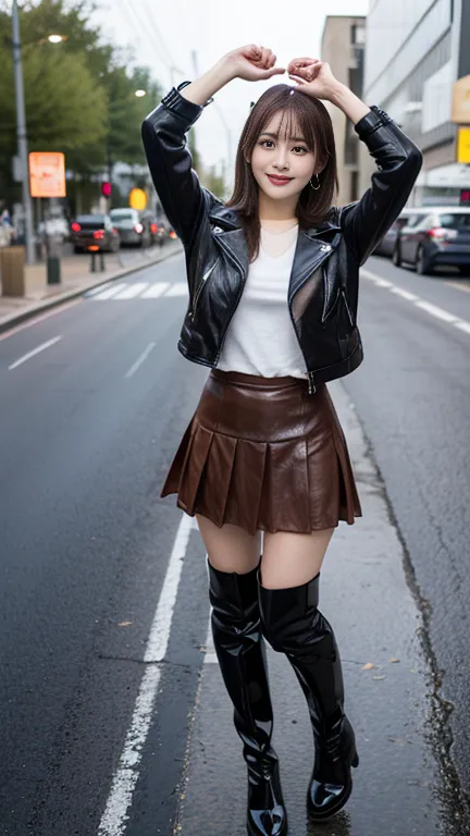 arms raised in the air:2.0, front view:1.5, large breast:1.4, full body photo,((focus on crotch)), she is in a street, standing on a hard rainy street, one girl, High resolution ,blonde hair, Light Hair Color, sexy, Beautiful eyelashes ,High resolution ,Zo...