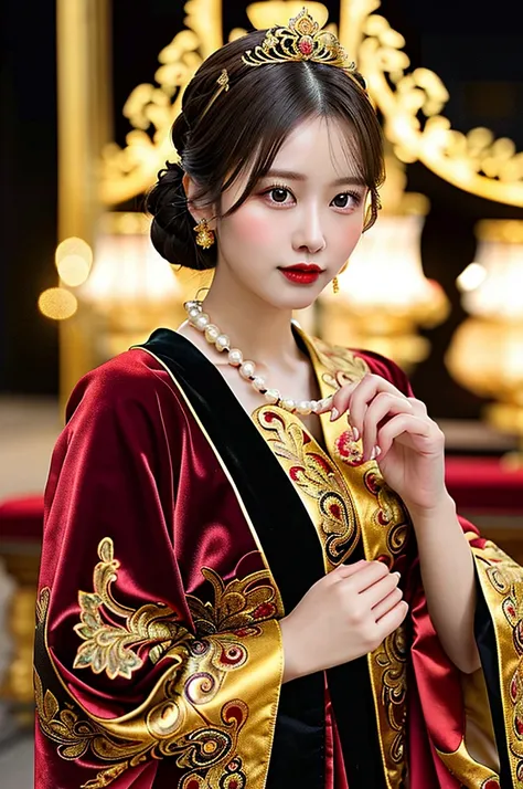 (Highest quality、((fullbody1.9))、8k、Best image quality、Award-winning works) "A highly detailed and realistic portrait of a regal, mystical empress with an ethereal presence. She has piercing golden eyes, flawless pale skin, and a strikingly elegant face wi...