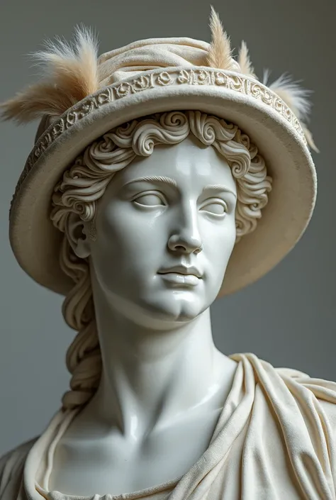 Face of a Roman statue with a bohemian hat 