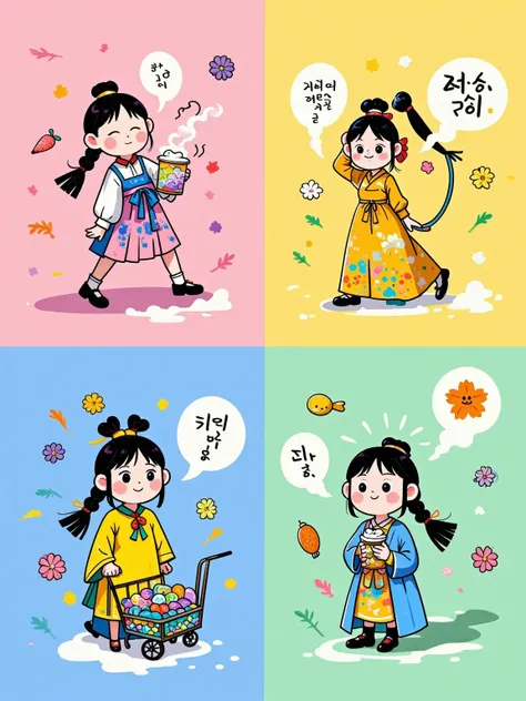 Healing minimalist stick figure style of Yeoniu Choi, cartoon illustration, solid color background, stick figure, line illustration, ren's picture book, the picture is divided into four panels. Top left panel: spring scene with a pink  acting shy and coy; ...