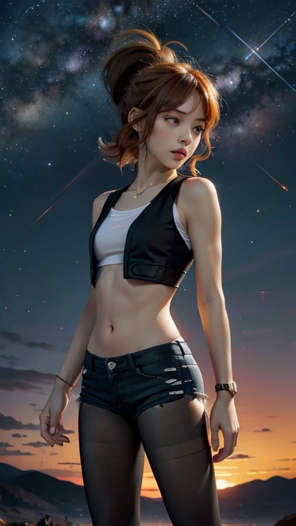 hilda,  short hair,  orange hair,  slim body,  small bust,  black clothes, cuerpo completo,  pretty legs,  black tights ,  mountainous landscape,  Starry Sky, milky way,