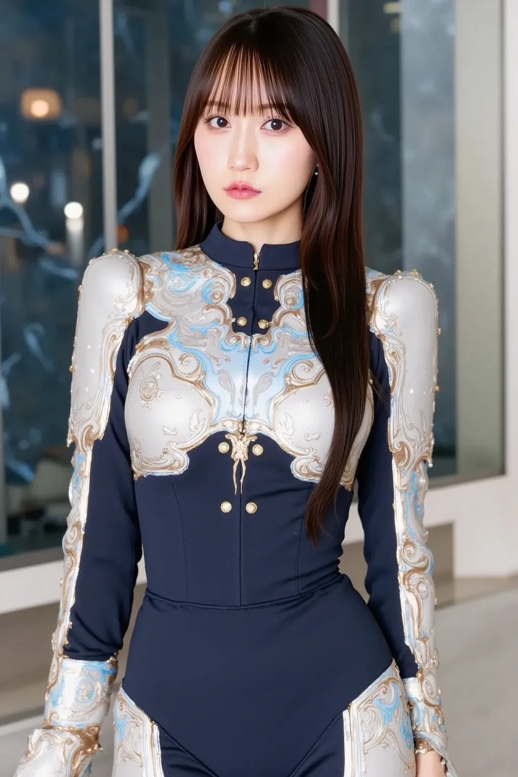 {
  "prompt": "A strong female protagonist in a robot-themed anime, standing confidently. She has long, flowing hair, and is wearing a futuristic, armored suit with sleek, metallic details. The suit is a mix of silver and dark blue, with glowing accents th...