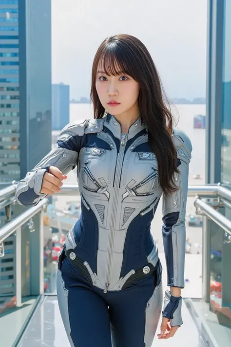 {
  "prompt": "A strong female protagonist in a robot-themed anime, standing confidently. She has long, flowing hair, and is wearing a futuristic, armored suit with sleek, metallic details. The suit is a mix of silver and dark blue, with glowing accents th...