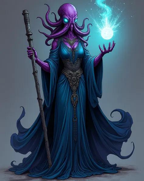 Full-body illustration of a mysterious illithid female sorceress with deep violet skin and glowing turquoise eyes. Instead of a human head, she has a sleek, sharp-headed octopus-like form with writhing tentacles extending where a mouth would be. She stands...