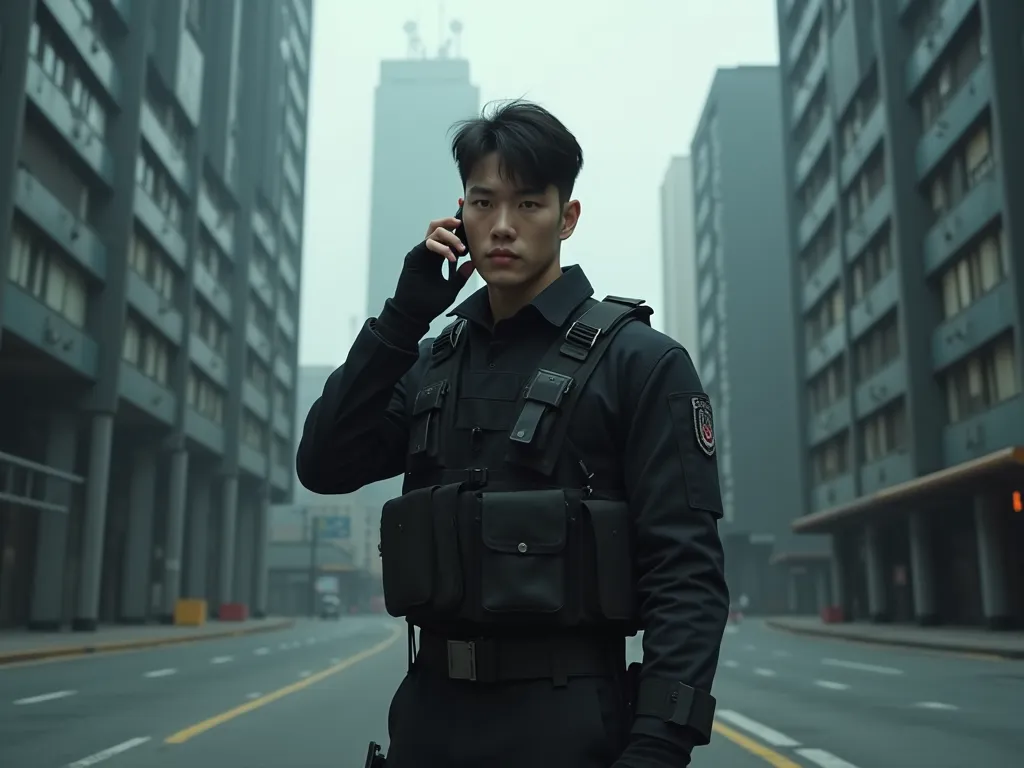 A male Korean agent in his 20s in a combat uniform receiving a cell phone in the middle of an empty city center