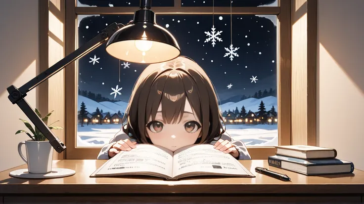 (masterpiece, best quality, ultra-detailed, intricate details),  
A beautiful young woman with black bob-cut hair, red eyes, wearing cozy loungewear, sitting at a wooden desk, studying at night.  
She is focused, reading a book and writing notes with a pen...