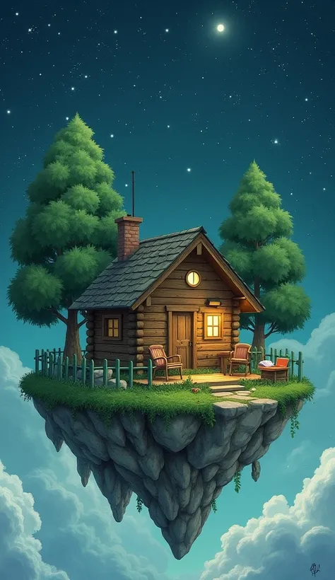 ((1 cozy one-story log cabin with 1 small cozy lighted window, 1 door, with a cozy porch on which there is a wicker chair and a small table with an open book on it, with a vegetable garden in front of the house), with mossy rocks and various trees around, ...