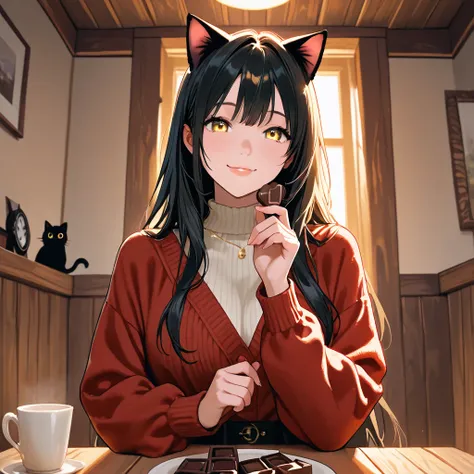 1woman. ((golden eyes)), black long hair, cat ears, smiling. dressed in cozy sweter. on the cabin room. holding a chocolate between her lips