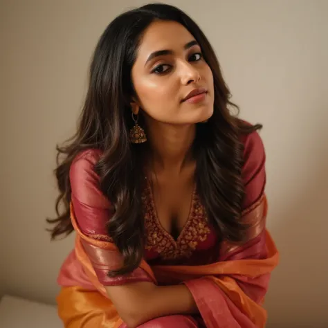 Indian woman showing cleavage by bending down in sarre, oversized blouse, erotic, seducing, saree, blouse, sexy facial expressions , indian traditional outfits, boobs valley, closeup photography, prime lens cinematic, professional extra exposure
