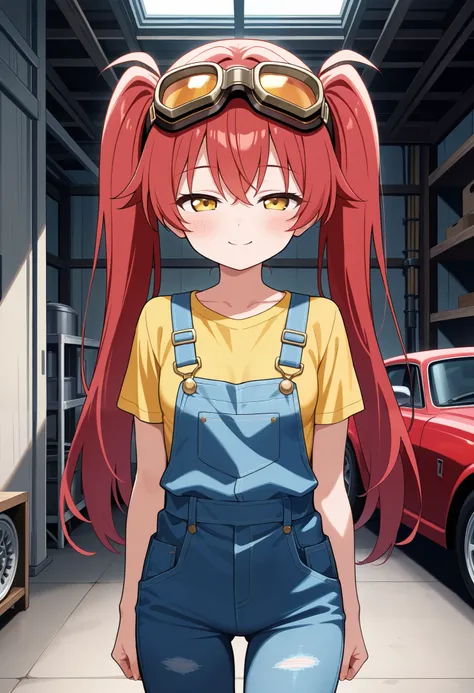 score_9, score_8_up, score_7_up, score_6_up, score_5_up, score_4_up, source_anime, tina, 1girl, solo, dwarf, yellow eyes, half-closed eyes, long hair, red hair, twintails, bangs,  goggles, petite, small breasts,   smile,  front view,  looking at viewer, ye...