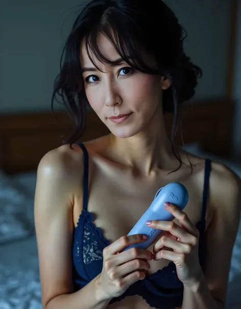 45 years old Japanese beautiful woman holding a sex toys vibrator in her hand, dark blue bra and panties, dim background, front view, sitting on the bed, full body shot, masterpiece, highest quality, best quality, ultra detailed, realistic, photorealistic,...