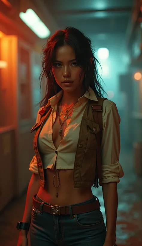 full body shot, a beautiful detailed portrait of lara croft wearing a 1970's style outfit in a 70's panavision style cinematic composition, with dramatic lighting, ultra-detailed, cinematic, 8k, photorealistic, high quality, professional