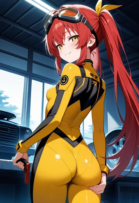 score_9, score_8_up, score_7_up, score_6_up, score_5_up, score_4_up, source_anime, tina, 1girl, solo, dwarf, yellow eyes, half-closed eyes, long hair, red hair, twintails, bangs, goggles, petite, small breasts, thicc thighs, smile, front view, looking back...