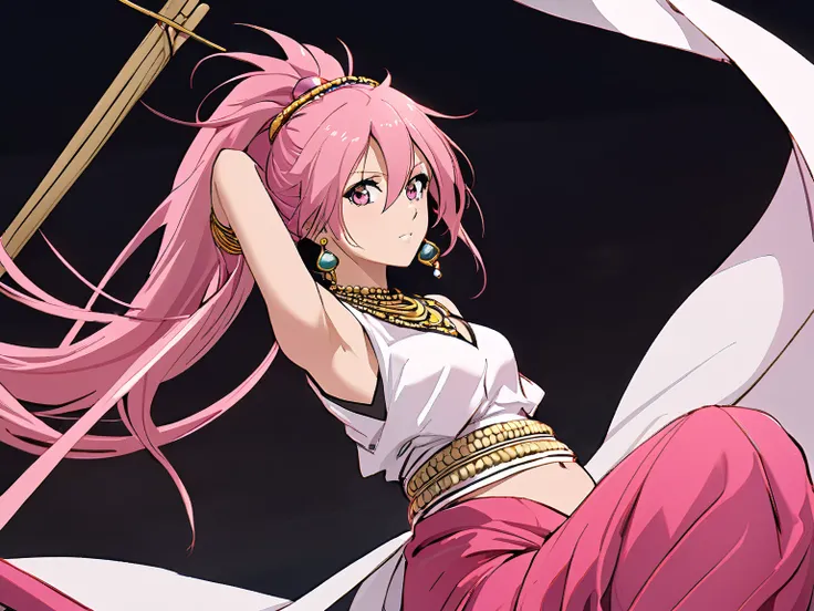 Alone ,  1girl  , jewelry ,  easy attitude , middle pregnancy period  , archebase, pink hair, high ponytail, pink eyes, long hair, earring, hair between eyes, shirt, Dowel dowel pants , Shade , dancer veil, circlet , wearing edgMes,harem outfit

