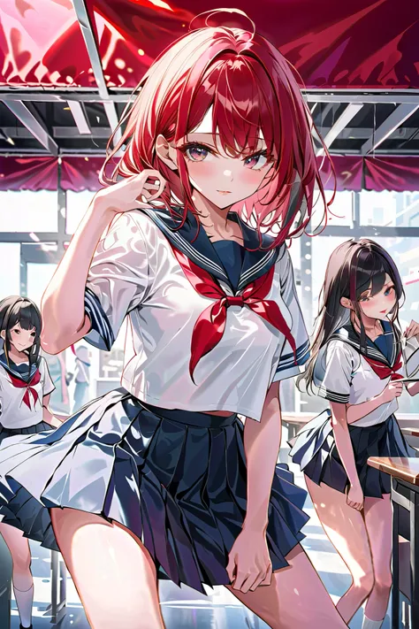 ( masterpiece,  highest quality:1.2), 1 person, 1 personで, high school  girls on the left, Mid length,  girls on the left&#39; High school sailor uniform,  navy pleated skirt ,  wears a pure white blouse ,  Red Ribbon,   loose socks,  break、I love you,  ra...