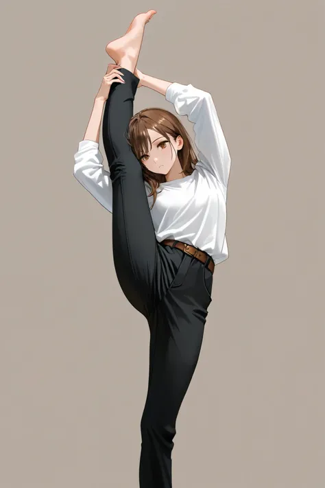 pants, standing, solo, shirt, barefoot, standing_on_one_leg, black_pants, brown_hair, white_shirt, full_body, long_sleeves, 1girl, belt, standing_split, simple_background