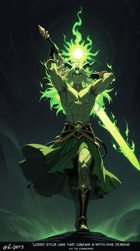 
[character] Ligier, The Green Sun (1man);
handsome (primordial beauty), manifested as s young nobleman (Demon of the Third Malfean Circl), with long auburn hair, glowing neon-green eyes, bare-chested, muscular pectorals, and biceps, with a long green kilt...