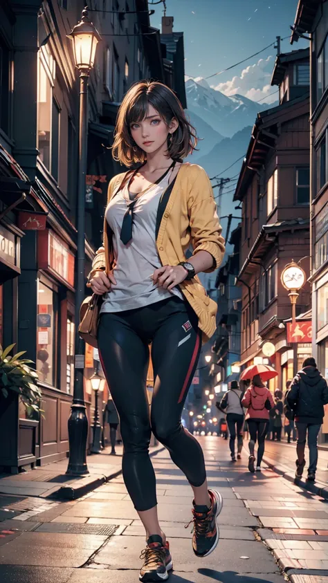  best quality,  masterpiece,  cinematic lighting ,  complicated, cinematic detailed  by Nomi background,  detailed face,  full body,  small breasts,  by Nomi,   Clear Line  , , , A girl jogging,  cityscape,   night ,  shirt with tie,  watch viewers,  tatto...