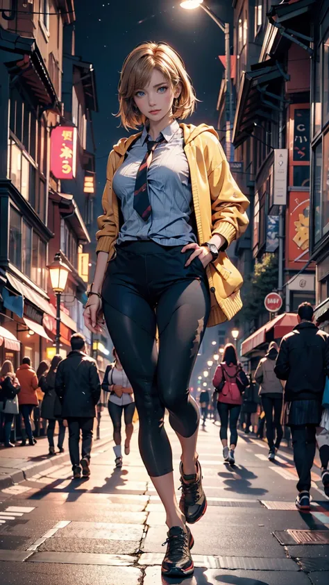  best quality,  masterpiece,  cinematic lighting ,  complicated, cinematic detailed  by Nomi background,  detailed face,  full body,  small breasts,  by Nomi,   Clear Line  , , , A girl jogging,  cityscape,   night ,  shirt with tie,  watch viewers,  tatto...