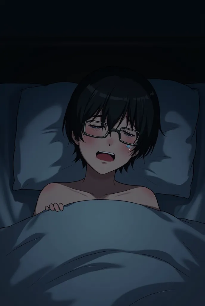 In a dark bed 、 a fair-skinned man wearing glasses 。 an expression of being in agony 。 hunched down and giving an uncomfortable impression 、Short cut and long bangs over black

shortcuts,  blushes, tears,  crying expression,  illustration,  anime, 