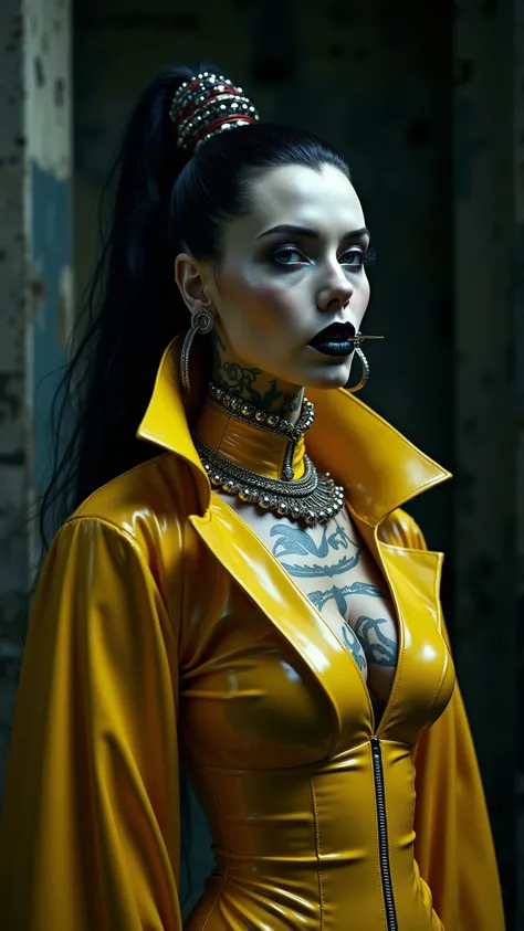 ANGELINA JOLIE, Dominatrix  , pale skin, vampire, nosferatu, BDSM, blue yellow latex , brilliant, metallic, corps latex noir, leggings en latex noir,   latex Japanese latex kimono  , cuissardes Bottes en latex yellow pour les cuisses, yellow latex corset, ...