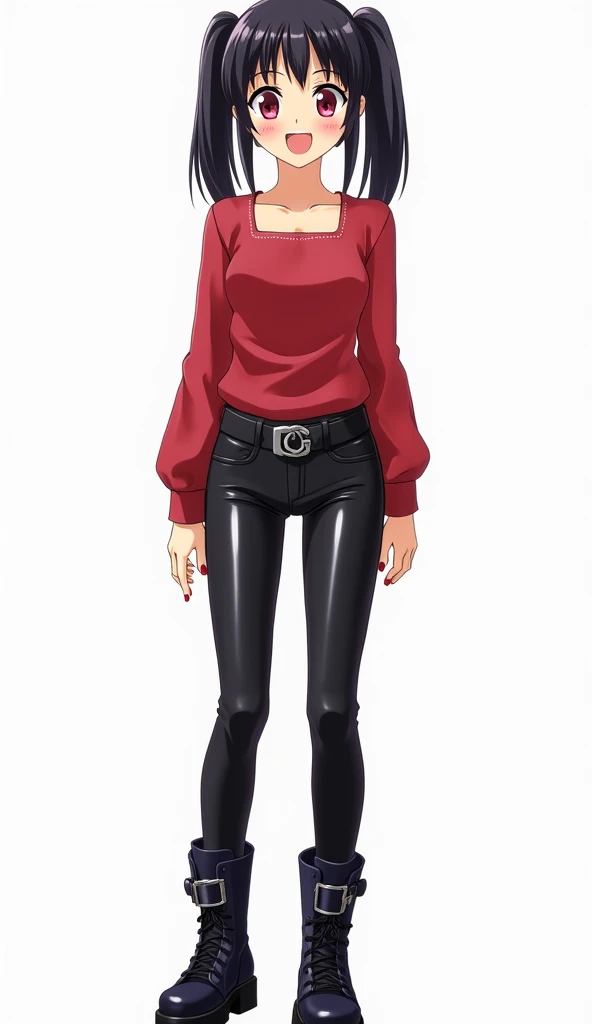 Japanese anime adolescent woman with medium long straight black hair with two pigtails and short locks and intense magenta eyes and red nails and wears a red top with a tight square neckline with long sleeves, combined with shiny black leather pants and a ...