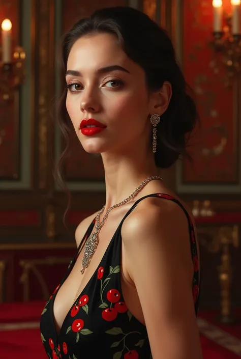 luxury advertisement style, photorealistic painting, hyperrealism, a woman with striking red lips, elegant black dress adorned with vibrant cherry prints, beautiful necklace accentuating her neckline, warm and inviting color scheme, soft lighting highlight...